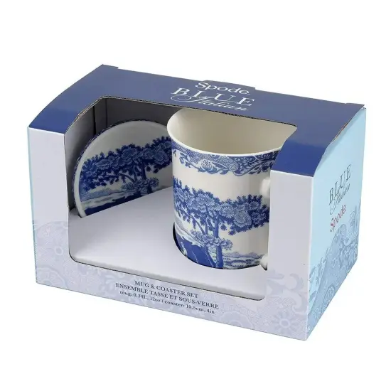 Spode Blue Italian Mug & Coaster Set 12 Oz, Large Handle, Made of Fine Porcelain {4}