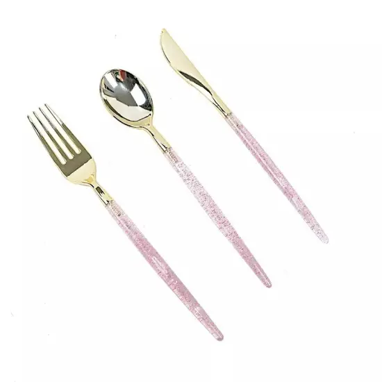 24 BLUSH 8.5" Plastic Cutlery with Gold Glittered Handle {2}