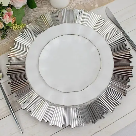 SILVER 6 Plastic 13" Sunray Round CHARGER PLATES Scalloped Rim {4}