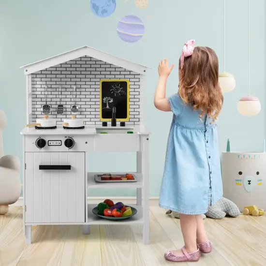 Kids Wooden Kitchen Play Set With Storage Shelves And Accessories-white {2}