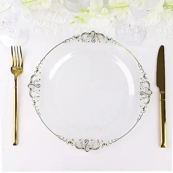 10 CLEAR GOLD 10" Round Plastic Salad Dinner PLATES {4}