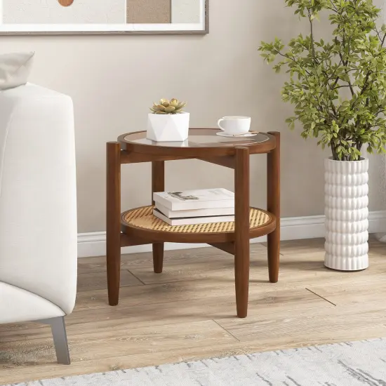 Rattan Round Side End Table With Tempered Glass Tabletop {2}