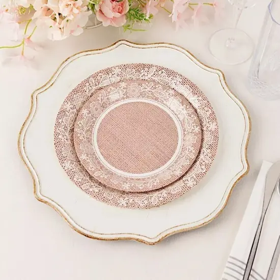 25 NATURAL 9" Burlap Print Floral Lace Paper Dinner PLATES {2}
