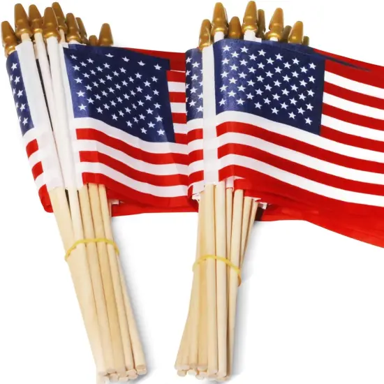 LOT of 50 - USA 4X6 in Wooden Stick Flag - July 4Th Decoration, Veteran Party, Grave Marker, Etc. - Handheld American Flag with Kid Safe Golden Spear Top (Pack of 50) Us - 12 Pack {2}