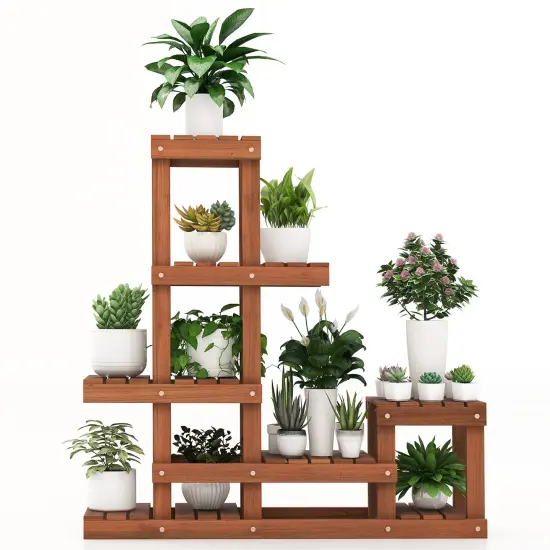 6 Tier Wooden Plant Stand with Hallow-out and High Low Design {4}