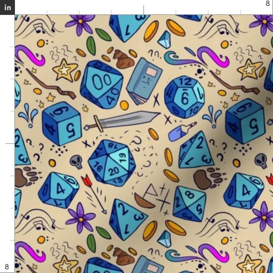 Various Fabrics by the Yard or Fat Quarter Blue Fantasy Illustration Sword Dice Dragons Custom Printed Fabric by Spoonflower {4}