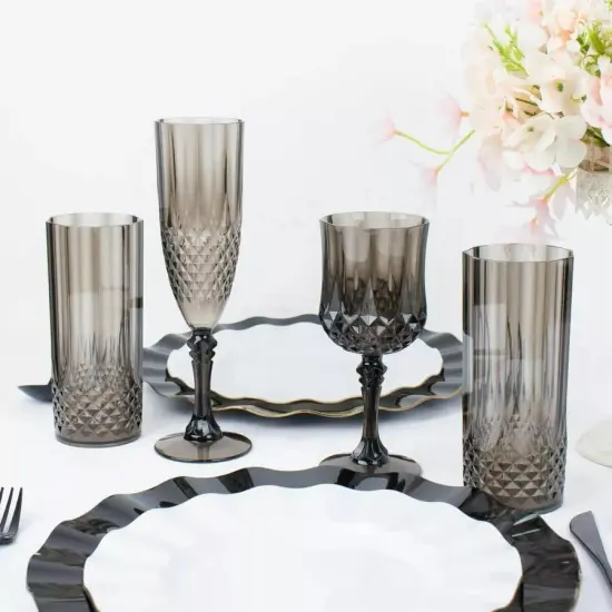 BLACK 6 Plastic 8 oz Crystal Cut Goblets WINE GLASSES {4}