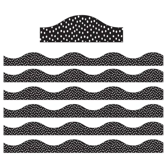 Magnetic Scallop Border, White Messy Dots on Black, 12 Feet Per Pack, 6 Packs {1}