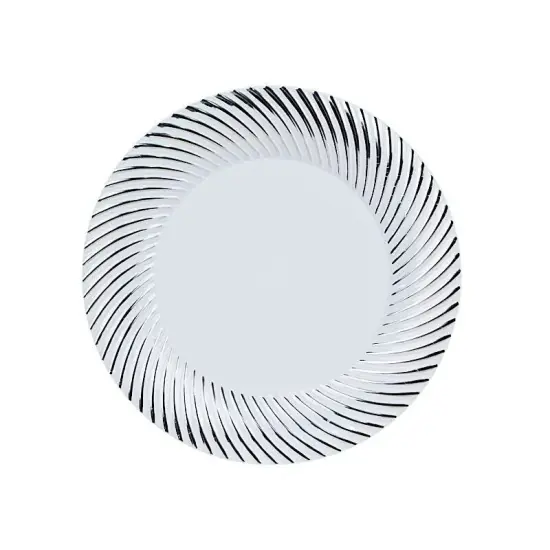 10 WHITE SILVER 9" Round Plastic Dinner PLATES Swirl Design {1}