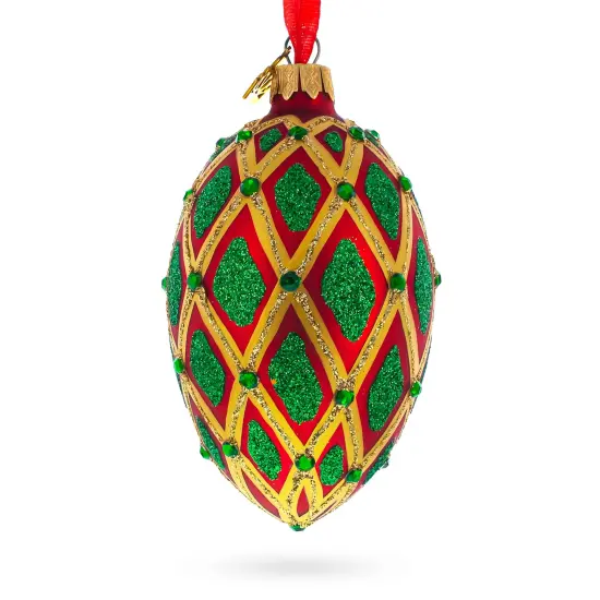 Jeweled Green IKAT on Red Glass Egg Christmas Ornament 4 Inches {3}