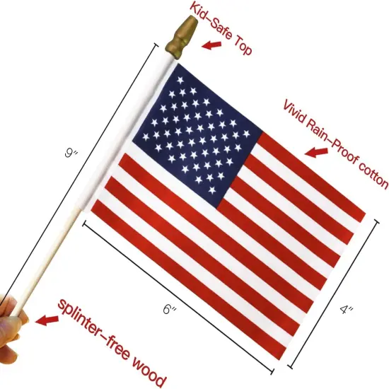 LOT of 50 - USA 4X6 in Wooden Stick Flag - July 4Th Decoration, Veteran Party, Grave Marker, Etc. - Handheld American Flag with Kid Safe Golden Spear Top (Pack of 50) Us - 12 Pack {5}