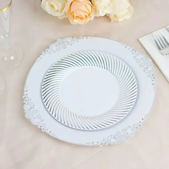 10 WHITE SILVER 9" Round Plastic Dinner PLATES Swirl Design {3}