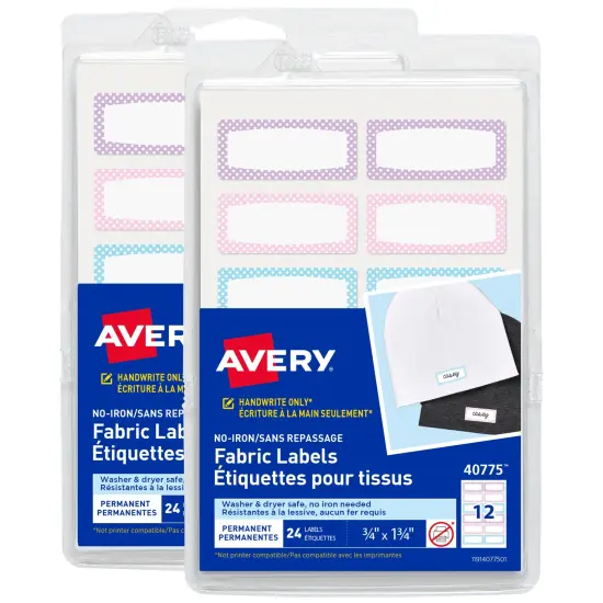 Avery No-Iron Fabric Name Labels, Soft Pastels Preprinted Designs, Handwrite-Only, 2-Pack, 48 Preprinted Labels (22282) {1}