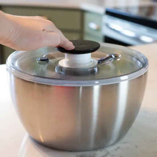 OXO Stainless Steel Salad Spinner with Locking Lid Rubber Bottom {5}