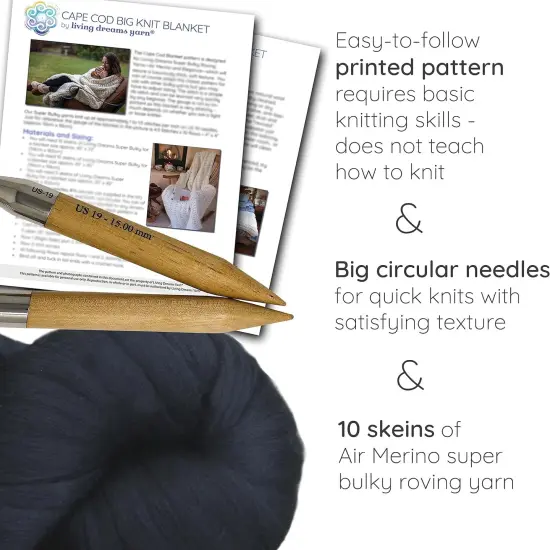 DIY Merino Wool Blanket Knitting Kit: Soft and Thick #7 Weight Jumbo Yarn, Knitting Needles and Pattern. Soft, Cozy, Great for Gifts Black {2}