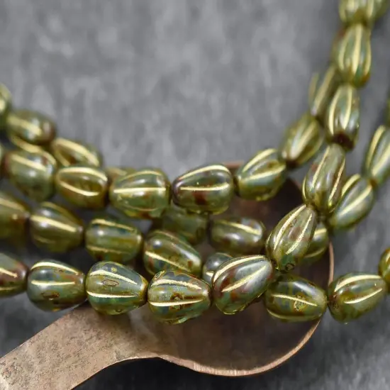 *15* 13x8mm Gold Washed Olive Green Picasso Melon Drop Beads {1}