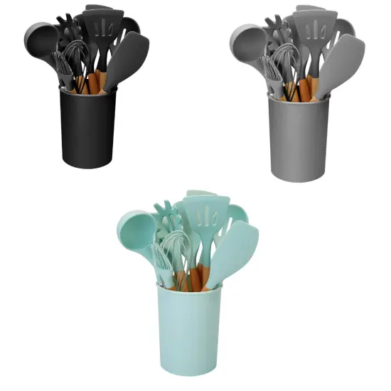 Wooden Handle Non Stick Silicone Cooking Utensil 11 pcs Black {3}
