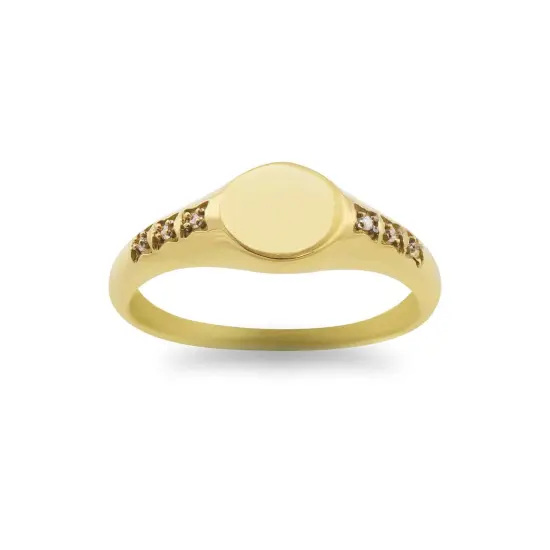 18k Gold PVD Coated Stainless Steel Blank Engravable CZ Round Signet Ring {5}