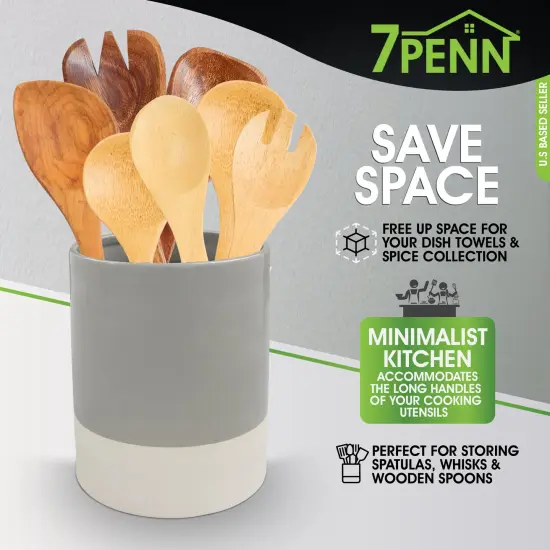 7Penn Large Kitchen Utensil Holder for Countertop - Gray and White Ceramic Crock {3}