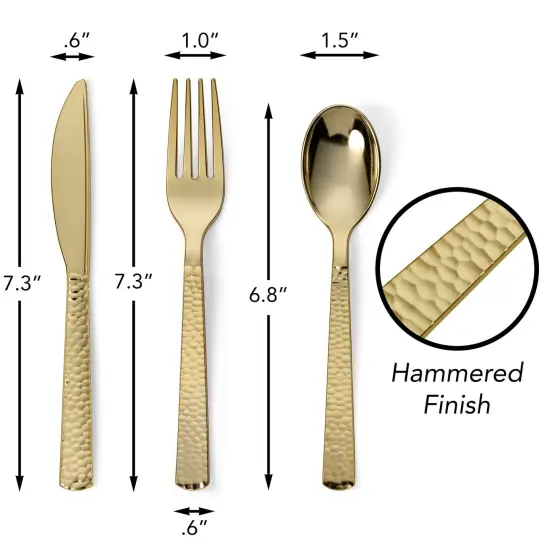 150 Piece Gold Hammered Finish Plastic Cutlery Utensil Set - Metallic Plastic Silverware Set (50 Sets) {4}