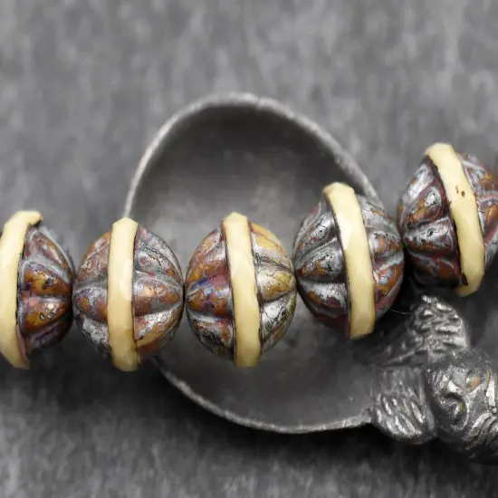 *11* 12x13mm Opaque Beige Ivory Travertine Center Cut Saturn Beads {2}