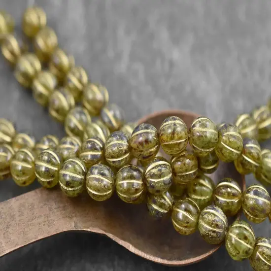 *16* 8mm Gold Washed Green Amber Picasso Round Melon Beads {2}