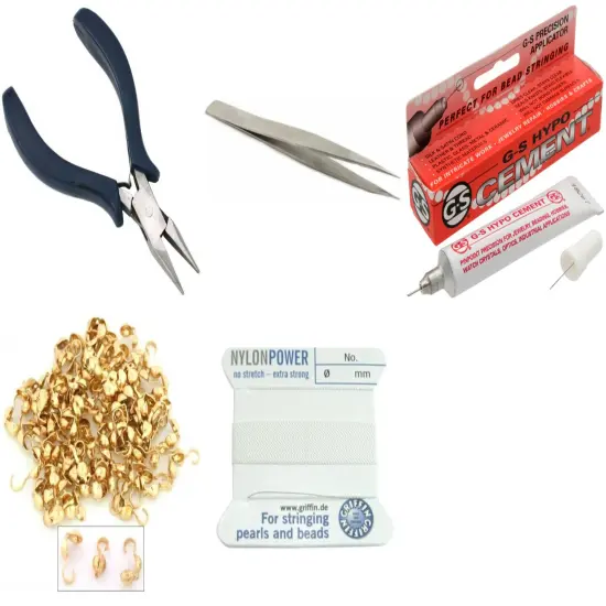 Bead Tip Kit - Pliers, Tweezers, Cement, 100 Bead tips & White Bead Cord #8 {1}
