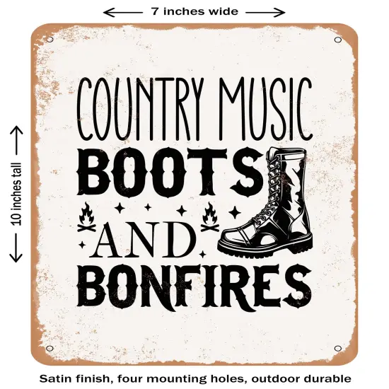 DECORATIVE METAL SIGN - Country Music Boots and Bonfires- Vintage Rusty Look {1}