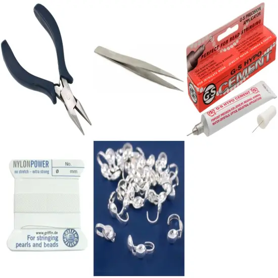 Bead Tip Kit - Pliers, Tweezers, Cement,White Bead Cord #8 & 25 Bead Tips {1}