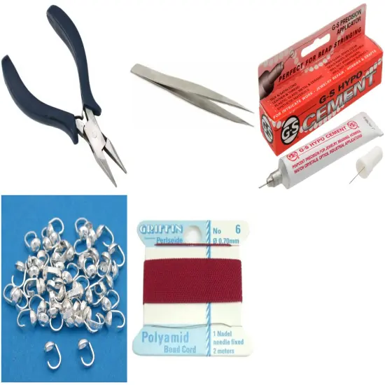 Bead Tip Kit - Pliers, Tweezers, Cement, 50 Bead Tips & Garnet Bead Cord #6 {1}