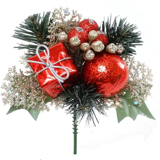 Holly Pine Pick with Ball Ornament - Add Festive Charm to Your Xmas Decorations {1}