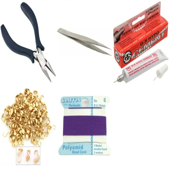 Bead Tip Kit - Pliers, Tweezers, Cement, 100 Bead tips & Amethyst Bead Cord #6 {1}