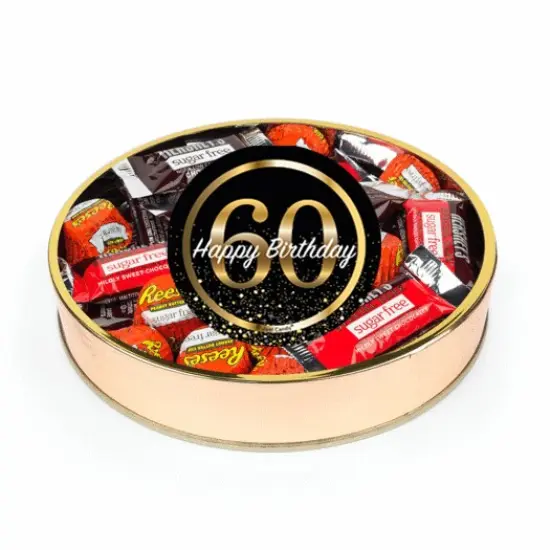60th Birthday Sugar Free Candy Gift Tin Large Plastic Tin with Sticker and Hershey's Chocolate & Reese's Mix - By Just Candy {1}