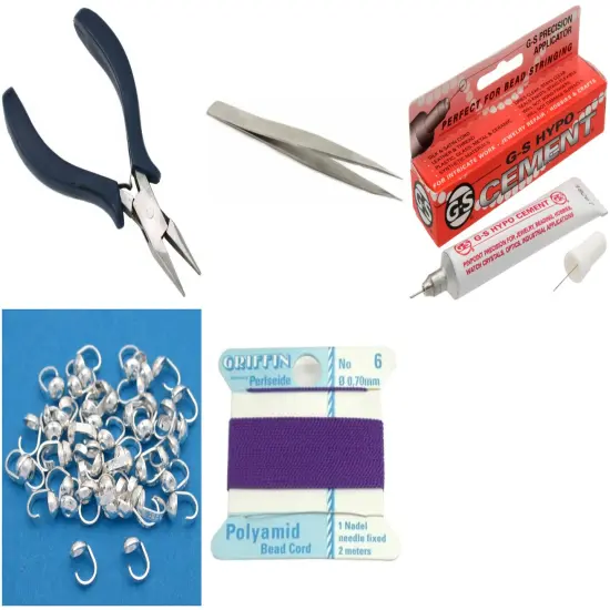 Bead Tip Kit - Pliers, Tweezers, Cement, 50 Bead Tips & Amethyst Bead Cord #6 {1}
