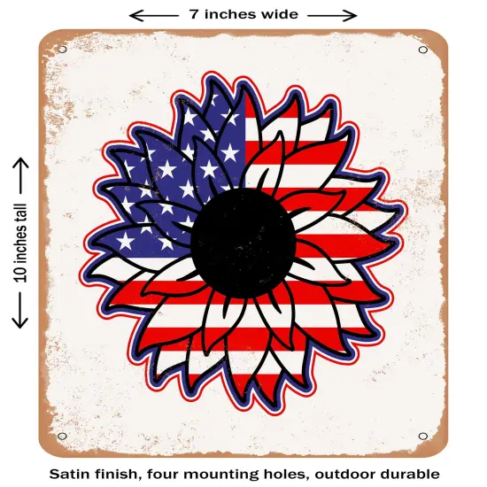 DECORATIVE METAL SIGN - d Sunflower American Flag- Vintage Rusty Look {2}