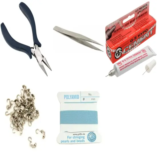 Bead Tip Kit - Pliers, Tweezers, Cement, 30 Bead Tips & Turqoise Bead Cord #6 {1}