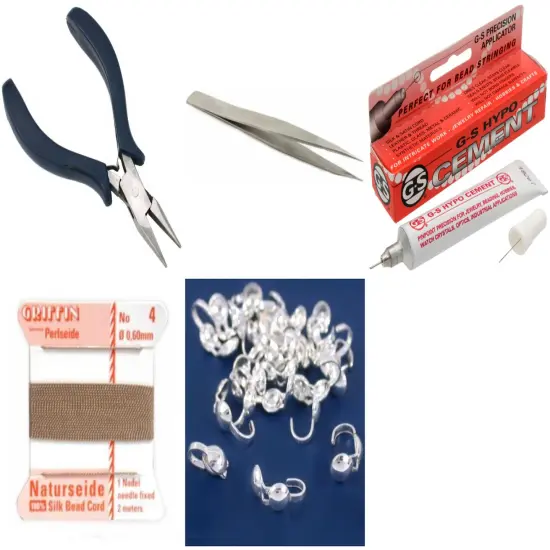 Bead Tip Kit - Pliers, Tweezers, Cement, Beige Bead Cord #4 & 25 Bead Tips {1}