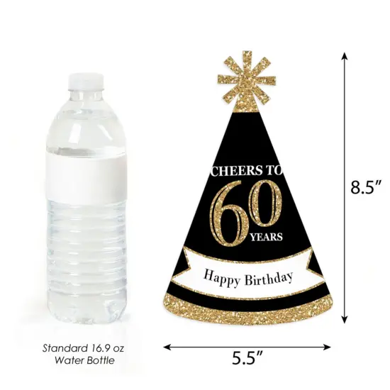 Big Dot of Happiness Adult 60th Birthday - Gold - Cone Birthday Party Hats for Adults - Set of 8 (Standard Size) {4}