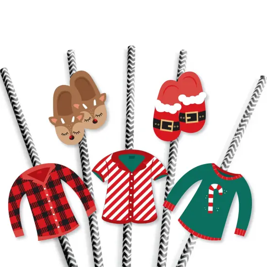 Big Dot of Happiness Christmas Pajamas - Paper Straw Decor - Holiday Plaid PJ Party Striped Decorative Straws - Set of 24 {7}