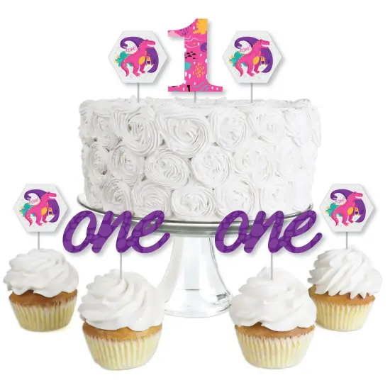 Big Dot of Happiness 1st Birthday Roar Dinosaur Girl - Dessert Cupcake Toppers - ONEasaurus Dino First Birthday Party Clear Treat Picks - Set of 24 {1}