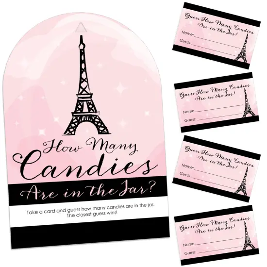 Big Dot of Happiness Paris, Ooh La La - How Many Candies Paris Themed Baby Shower or Birthday Party Game - 1 Stand and 40 Cards - Candy Guessing Game {1}