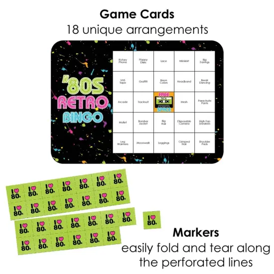 Big Dot of Happiness 80's Retro - Bar Bingo Cards and Markers - Totally 1980s Party Bingo Game - Set of 18 {3}