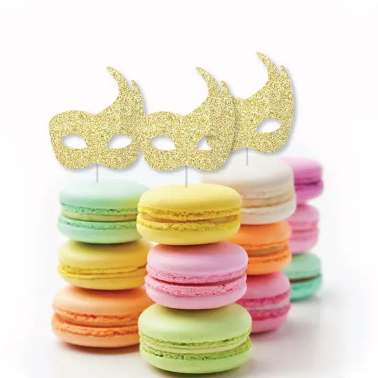 Big Dot of Happiness Gold Glitter Masks - No-Mess Real Glitter Dessert Cupcake Toppers - Mardi Gras Masquerade Party Clear Treat Picks - Set of 24 {6}