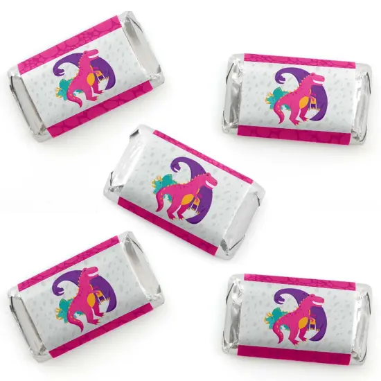 Big Dot of Happiness Roar Dinosaur Girl - Mini Candy Bar Wrapper Stickers - Dino Mite T-Rex Baby Shower or Birthday Party Small Favors - 40 Count {1}