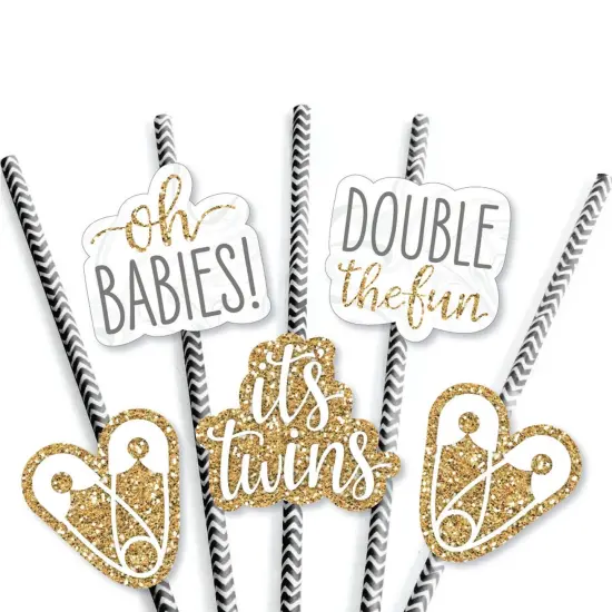 Big Dot of Happiness It's Twins - Paper Straw Decor - Gold Twins Baby Shower Striped Decorative Straws - Set of 24 {7}