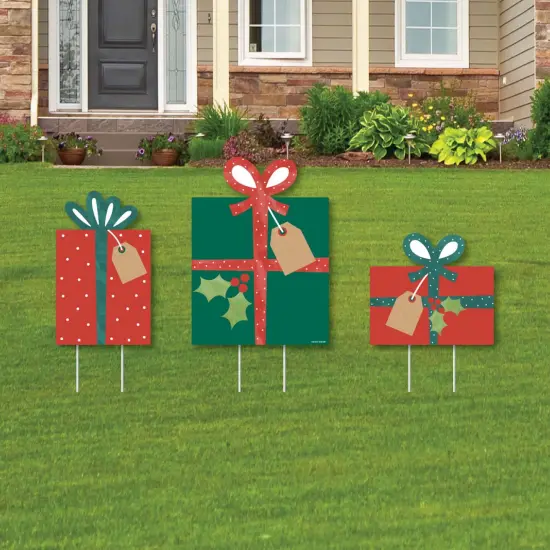 Big Dot of Happiness Happy Holiday Presents - Outdoor Lawn Sign Decorations with Stakes - Christmas Party Yard Display - 3 Pieces {1}