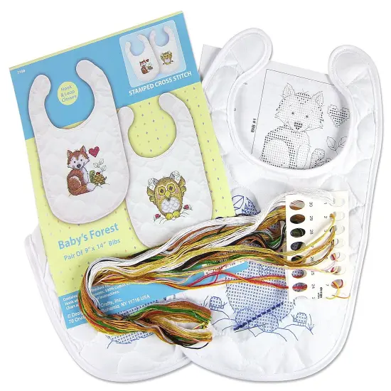 Design Works Stamped Bib Cross Stitch Kit 9"X14" 2/Pkg-Baby's Forest {4}