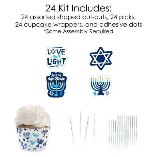 Big Dot of Happiness Hanukkah Menorah - Cupcake Decoration - Chanukah Holiday Party Cupcake Wrappers and Treat Picks Kit - Set of 24 {6}