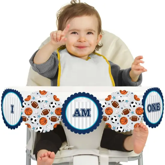 Big Dot of Happiness Go, Fight, Win - Sports 1st Birthday Highchair Decor - I Am One - First Birthday High Chair Banner {1}