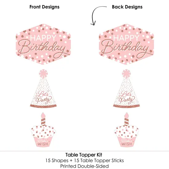 Big Dot of Happiness Pink Rose Gold Birthday - Happy Birthday Party Centerpiece Sticks - Table Toppers - Set of 15 {6}